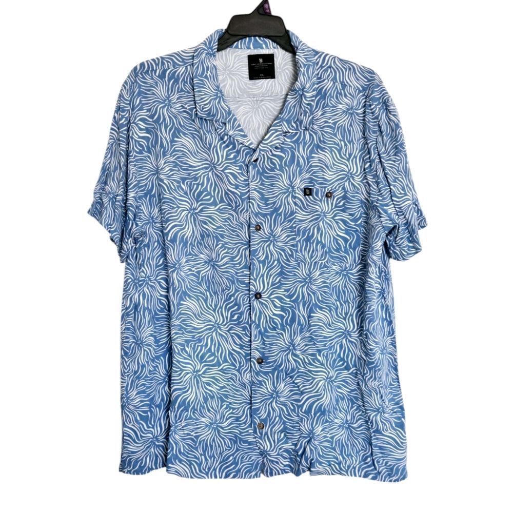 Mens Size 2XL Blue Short Sleeve Floral Hawaiian Button Down Shirt Luau Aloha